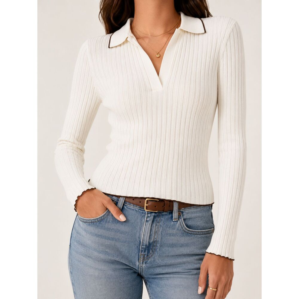 Madewell Ribbed Knit Polo Sweater Top White Long Sleeve Preppy Quiet Luxury L